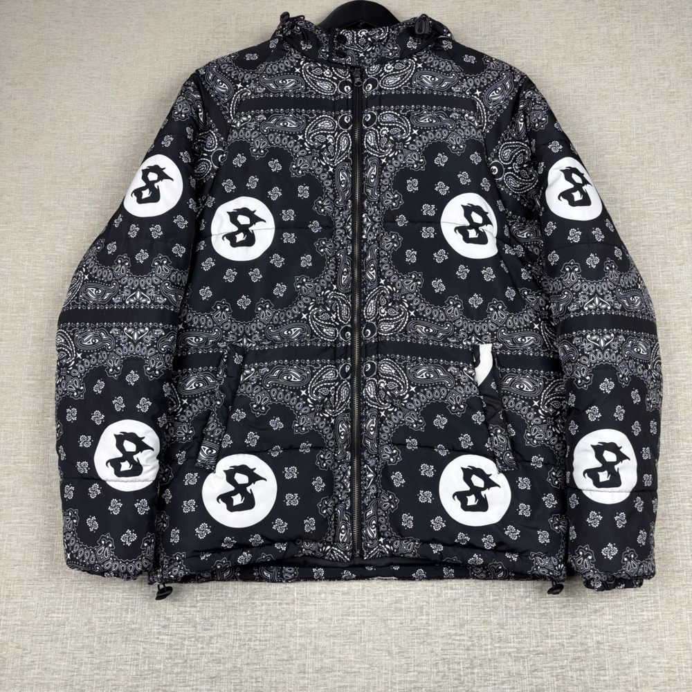 Section 8 Official Mens Bandana Paisley 8-Ball Puffer Jacket Black White Medium